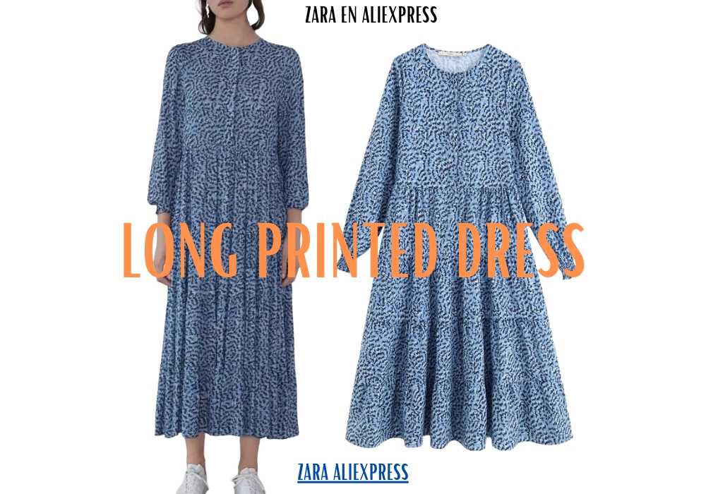 zara blue long printed dress